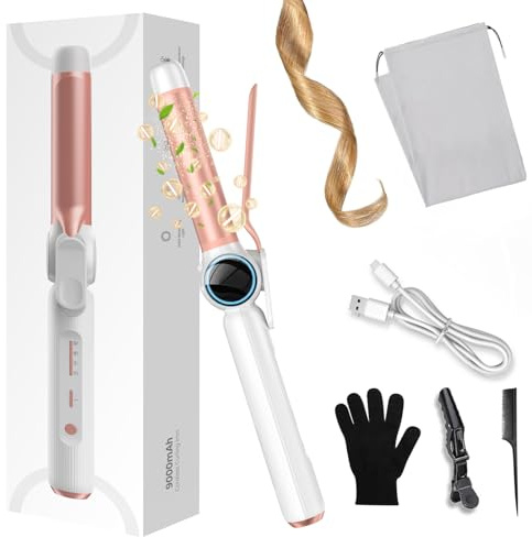 28mm Lockenstab Kabellos Große Locken 9000 mAh, Tragbarer Lockenstab USB Aufladbar, UKLISS Kabelloser Hair Curler, Reise Lockenstäbe Lange Haare,140–200 ℃ (Rosa Weiß)