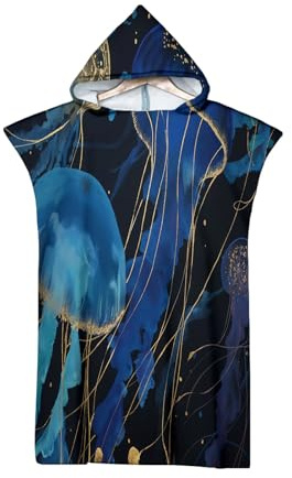 LODMLOER Towel Poncho Adult Hooded, Golden Blue Jellyfish Bath Swim Beach Towel with Hood - Marine Life Absorbent Microfibre Changing Dry Surf Poncho Men for Women - Quick Dry Poncho Towel Adult