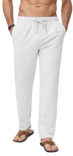 LVCBL Herren Leinenhose Herren Lang Sommerhose Freizeithose Yoga Urlaub Strandhose Weiß L