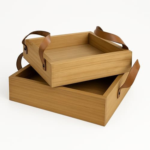 Set de 2 Bandejas Decorativas de Madera Natural con Asas de Cuero, 20x20x5 cm y 17x17x5 cm