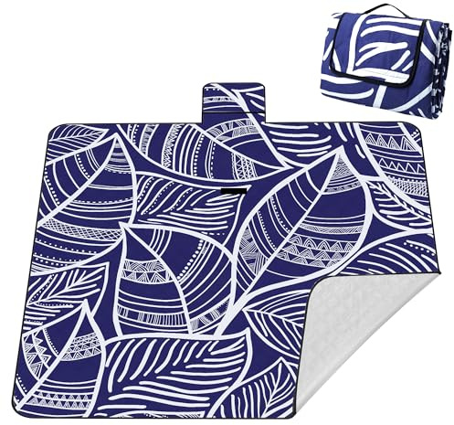 laimaimi Picknickdecke XXL 200x200 cm – extra groß & weich, wasserdicht & maschinenwaschbar, Boho Blätter Design in Blau-Weiß, isoliert mit Alufolie, faltbar mit Tragetasche – für Camping & Familie