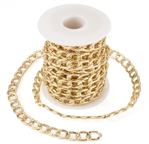 Cheriswelry Catena barbazzale intrecciata in alluminio dorato da 5 m, con bobina in metallo, connettori a maglie grosse, per la creazione di collane fai da te, gioielli, borse, artigianato, 10 mm