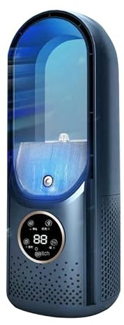 Ventilador Columna Sans Pale, Ventilador torre Leiser con pulverización de humidificación, 6 velocidades, pantalla LED, 6h Timer, ventilador de mesa USB 30cm, para dormitorio, oficina (azul)