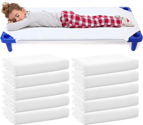 Lot de 10 Draps Housses pour Lit Empilable Maternelle 60 x 130 cm, Draps Ajustés en Microfibre Respirante, Drap de Sieste pour Enfants, École Maternelle et Garderie, Blanc