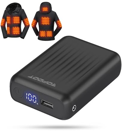 Topdot Batería Externa 18400 mAh para Chaquetas Calefactables 12 V/7,4 V | Puertos de Salida USB y CC de Carga Rápida, Pantalla LED, Compatible con Ropa Calefactable 5 V, 7,4 V, 9 V y 12 V