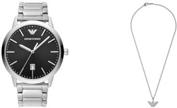 Emporio Armani Herren Silberfarbene Edelstahl Uhr und Halskette, Set