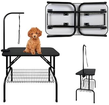 QEENTOE Mesa plegable para peluquería para perros, altura ajustable, mesa profesional con brazo de seguridad y espacio de almacenamiento, para salón de mascotas y uso doméstico, color negro, 80,5 x 46