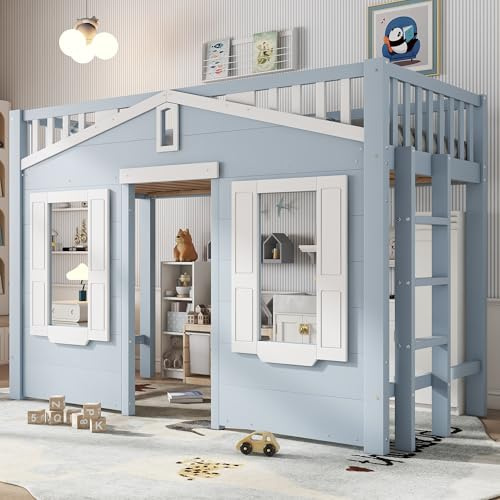 Idemon Cama alta, cama infantil, espacio bajo la cama para diseño flexible, bonito diseño de ventana, escalera segura y estable, pino + MDF + contrachapado, azul, 90x200cm