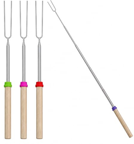 4 Pack Marshmallow Toasting Forks, Extendable Stainless Steel & Wooden Handle - Retractable Smores Sticks for Garden Bonfire, Camping & BBQ, Hot Dog Roasting Sticks Kit