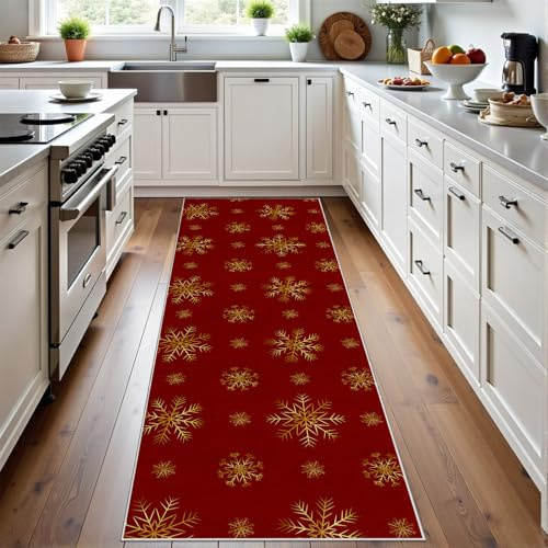 Meugesoi Weihnachten Teppich Flur Läufer 60X240 cm Gold Schneeflocke Teppichläufer Küchenläufer Rot Teppiche rutschfest Waschbar für Bettvorleger Flur Waschküche