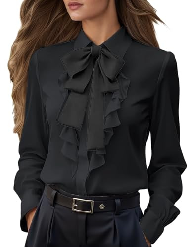 Duohropke Camicetta da Donna Elegante in Satin, con Bottoni, con Fiocco, a Maniche Lunghe, per Business, Camicia Elegante, a Maniche Lunghe, Casual, con Volant, per Ufficio, Camicie da Lavoro, Nero