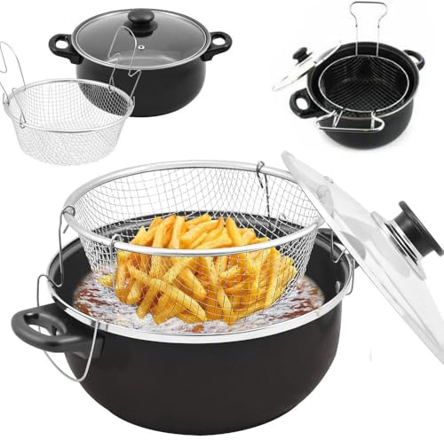 HOMIVIO 24cm Non Stick Chip Pan Deep Fat Fryer Pot with Basket & Glass Lid - Deep Frying Pan for Chips, Fish, Chicken & Vegetables Carbon Steel Fryer with Stay-Cool Handles - 2 Litre Capacity