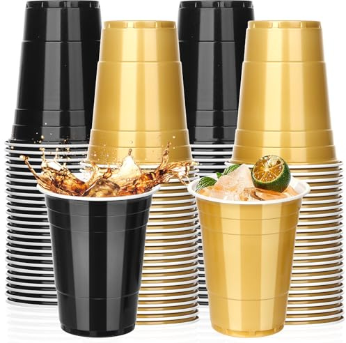 KesaPlan 50PCS 460ml(16oz) Plastic Cups Party Cups Black and Gold Birthday Decoration Plastic Cups Reusable Bulk for Graduation Wedding Birthday Halloween Family Gatherings and Festive Celebrations