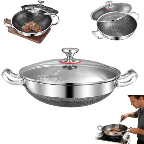 Padella in titanio con coperchio, antiaderente in titanio migliorato, riscaldamento veloce e uniforme, ispessita, ultra resistente, antigraffio e antiaderente, per cucina, ristorante (34 cm)