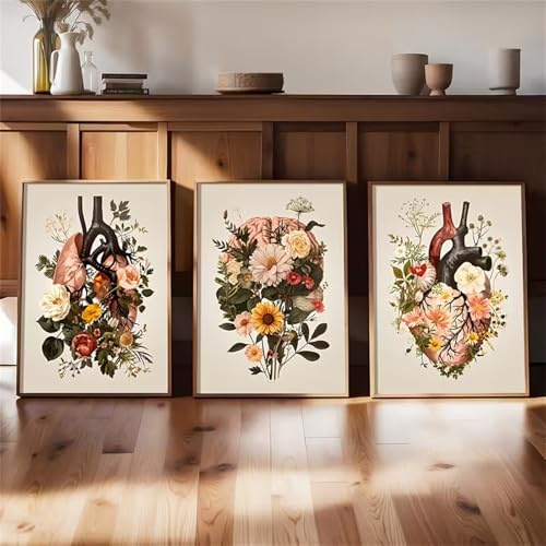 Meuzzvor 3er Bilder Set Blumen-Anatomie Leinwanddrucke Poster Wandkunst Moderne Retro Wandbilder Wohnzimmer Deko Schlafzimmer Büro Bild Ohne Rahmen (40x50cm)