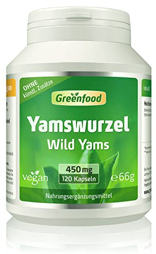 Yamswurzel, hochdosiert, 450mg - 120 Kapseln, vegan. Wild Yams. Hochdosierter Extrakt – mit mind. 20% Diosgenin. OHNE künstliche Zusätze - laborgeprüft. Von Greenfood.