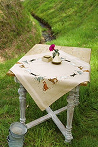 Vervaco Kreuzstich Stickpackungen Tischdecke verspielte Katzen Stickdecken Vorgezeichnet Basteln Erwachsene Kreativ Set Vorgedruckte Decke Sticken 80 x 80 cm Stickset DIY Sticken Set