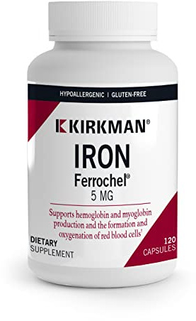 Kirkman Iron Ferrochel® 5 mg - Hypoallergenic || 120 Vegetarian Capsules || Minerals || Gluten and Casein Free || Aids in The Production of Hemoglobin || Capsules are Plant Based