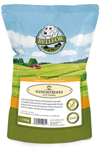 Bellfor Hundesnack Gesundes Truthahn-Trockenfleisch – 100 g. 100% natürliche Hundeleckerli aus Truthahnfleisch ohne Zusätze. Weicher Kausnack, ideal als Trainingssnack.