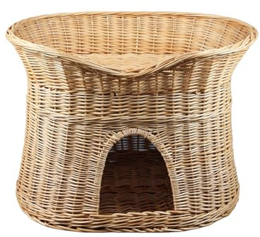 Katzenkorb zum Schlafen – Katzenhütte Indoor – Größe XL: 70 cm oval – Katzenhöhle aus Weide – Zweistöckiger Hunde – oder Katzenbett – Natürliche Korbfarbe