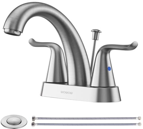 WOWOW Bathroom Faucet 2 Handle 4 Inch Centerset Bathroom Sink Faucet, Lead-Free Basin Mixer Tap with Lift Rod Drain Stopper, 2 Handle Centerset Lavatory Brushed Nickel Vanity Faucet