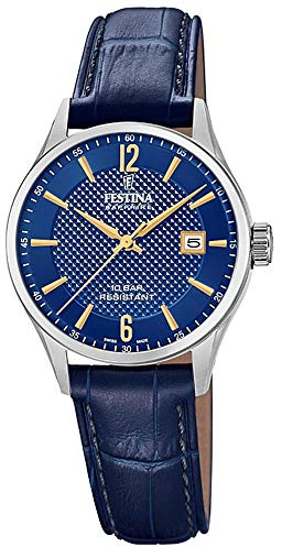 Festina Swiss Made Damenuhr Analog aus Leder Blau | Quarzwerk, Widerstandsfähiges Saphirglas, Wasserdicht 10 ATM und Kalender F20009/3