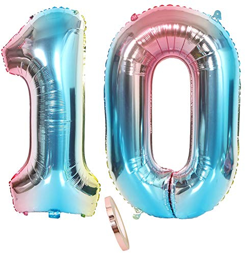 2 palloncini numero 10 Rainbow Girl Boy Guys, figurine da 32 gonfiabili in elio gonfiabili blu palloncini colorati iridescenti figurine per la decorazione della festa di compleanno (xxxl 80cm)