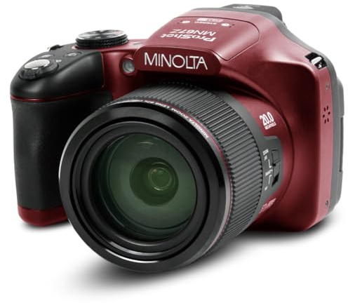 Minolta Pro Shot 20MP Digital Camera – 67x Optical Zoom, Full 1080p HD Video, Optical Image Stabilization, Wi-Fi, 3-inch Articulating LCD Screen, 27 Scene Modes – Includes 16GB SD Card (Red)