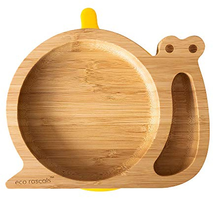 eco rascals Schneckenförmiger natürlicher Bambus-Teller für Babys und Kleinkinder, Schneckenförmiger Baby-Saugnapfteller zum Entwöhnen mit zwei Abschnitten, abnehmbarer Saugfuß (gelb)