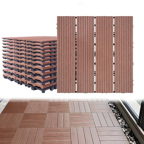 Aufun 22 Stück WPC Terrassenfliesen Kunststoff Bodenfliese Gartenfliesen Klickfliesen Holzoptik mit klicksystem, 30x30cm Filterbares Wasser Premium Fliese Terrassendielen für Balkon (2 m², Braun)