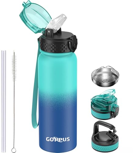 GOPPUS Bouteille d'eau Acier Inoxydable 600ml/20oz avec Paille Bouteille Sport Isolée Flacon Bouteilles d'eau en Métal Rabattables à Double Paroi Étanche pour les Sports de Gym avec 3 Couvercles
