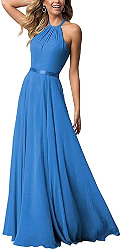 N/ C Damen Neckholder Chiffon Brautjungfer Kleider Lange Party Kleid Abschlussball Abendkleid, blau, 38