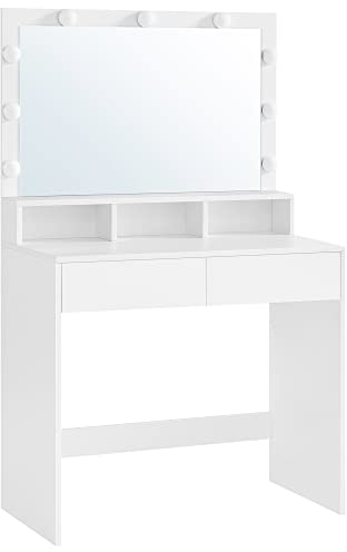 VASAGLE Schminktisch, mit LED-Beleuchtung, einstellbare Helligkeit, Frisiertisch mit Spiegel, Kosmetiktisch mit 2 Schubladen und 3 offenen Fächern, modern, wolkenweiß RDT120T10