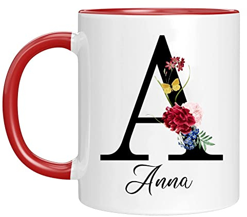 Naispanda Tasse Personnalisé de nom avec Motif Fleurs Votre Première Lettre et à Café Anniversaire Personnalisée Imprimée des Deux Côtés Cadeau Personnalisable Mug pour Femme