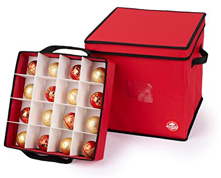 Christmas Village 64 Bauble Storage Bag with Adjustable Dividers, Removable Lid – 600D Fabric Premium Bag for Xmas Tree Decors Organisers, Festive Ball Holder & Carry Handles (Red, w/Pull Out Trays)