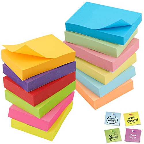 1200 Blatt Klebezettel Notizzettel Bunt 50mm x 38mm Selbstklebende Haftnotizzettel Farbige Haftnotizen Notizblöcke Notizblock Klebend 12 Farben Quadratische Sticky Notes für Büro, Schule, Familie