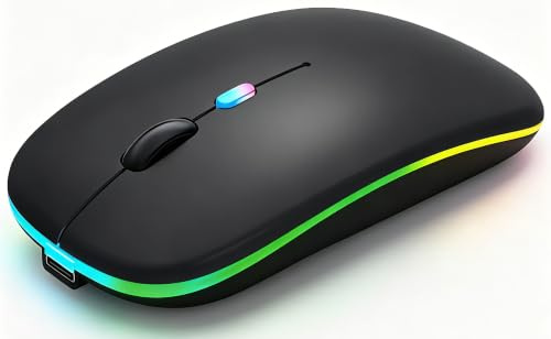 WREANU Mouse senza fili, mouse Bluetooth ricaricabile per computer | Doppia modalità (ricevitore USB portatile BT5.2 e 2.4G) luci LED, mouse silenzioso sottile per computer portatile/iPad/tablet