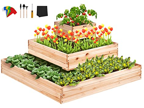 VEVOR Cama Elevada de Jardín 113x113x51 cm Jardinería Elevada de Madera de Abeto para Cultivo de Flores Plantas Hierbas Huerto Urbano para Jardín Terraza Patio Balcón Color de Madera con Accesorios