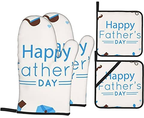Hitzebeständige Ofenhandschuhe und Topflappen, 4er-Set, Motiv: Vatertag, Liebe, Papa, bedruckt, rutschfest, wasserdicht, zum Backen, Kochen, Grillen