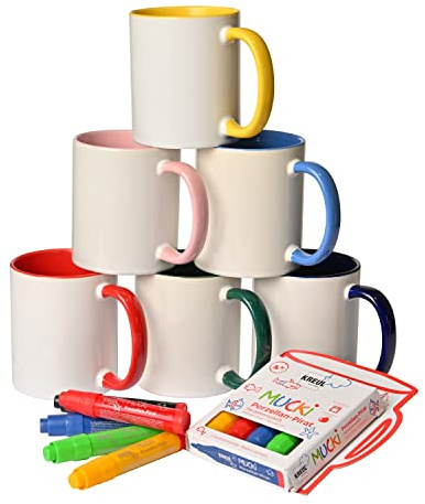 KARLAkreativ Basteltassen zum Bemalen, geeignet für Sublimation, Einzeln oder Party-Set, hochwertige Keramik, inkl. KREUL Porzellanmalstifte, ideal für Kinder und kreative Köpfe (Party-Set 6er+Stifte)