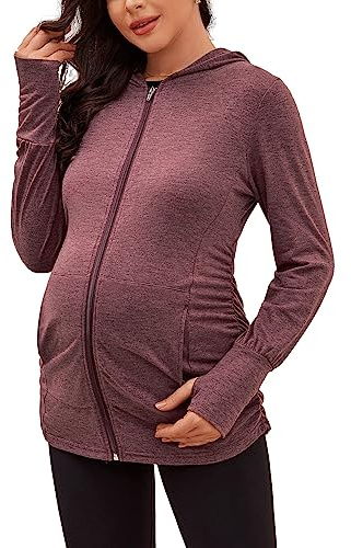 DEBELLY Maternity Hoodie Long Sleeve Sweatshirts Zip Up Pregnancy Top Side Ruched Women Lightweight Jacket with Pockets,Thumb Hole,Casual Mama Sports Jersey,Burgundy,L