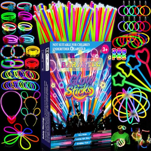 BARAKYEG 389Pezzi Braccialetti Luminosi Fluorescenti,starlight Bastoncini Luminosi Glow Stick,connettore,bracciali luminosi fluorescenti per Fluo Party,Matrimonio Compleanni,Capodanno,feste,Halloween