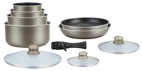 Herzberg Batería de Cocina - Batería de inducción - Batería de cocina para todo tipo de calor - Juego de gres con mango extraíble 10 piezas HG-5000 Carbon