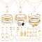 QBilooty 43 Stück Gold Schmuckset für Mädchen und Damen, mit 3 Halsketten, 12 Armbändern, 10 Ringen, 6 Paar Ohrringen, 12 Ear Cuff Ohrklemme Ohrringe, Ideal für Valentinstag, Geburtstag und Muttertag