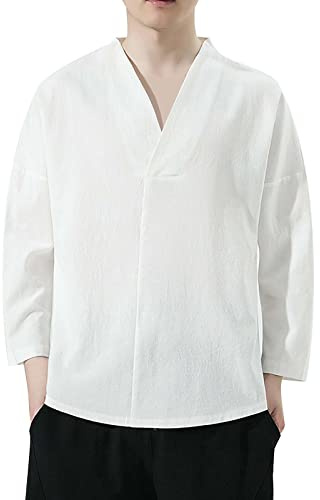 PODOLIXIA Chemise à col montant à manches longues pour homme - Kimono japonais - Imprimé - Robe taoïste - Coupe ample - Vêtement de méditation décontracté, Blanc., XXL