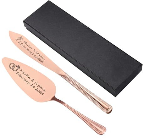 Zysta Coltello e Paletta per Torte Nuziali Personalizzabile Messaggio Set Taglio Dolce Incisione Personalizzata Nome Iniziali Modello in Acciaio Inossidabile Regalo per Matrimonio Natale (Oro Rosa)