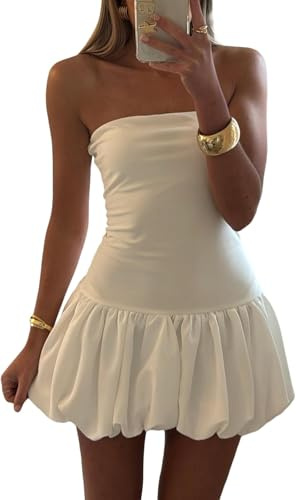 YongXinMY Vestido mini sin tirantes para mujer, top tubo, falda burbuja, vestido corto, sin hombros, top corsé, vestido globo, para club y fiesta, Blanco, M