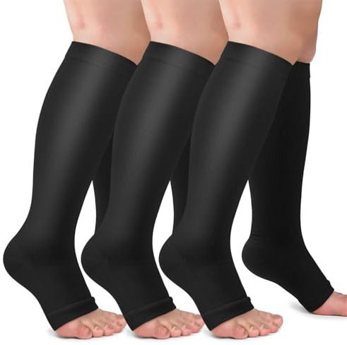 ACTINPUT 3 Paar Kompressionsstrümpfe Damen und Herren,15-20mmHg Kompressionssocken Offene Spitze Abgestufte Unterstützung Stützstrümpfe kniestrümpfe für Flug,Laufen, Sport, Reise(Schwarz,S-M)