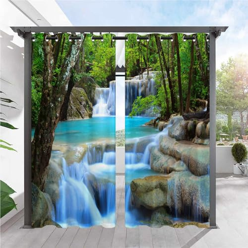 ANHOPE Natur Wald Wasserfall Creek Outdoor Vorhänge mit Ösen Wasserdicht Wetterfest Außen Vorhang für Balkon Terrasse Garten Pergola Pavillon Aussen Gardinen 2er Set H214 x B132 cm | Tropischer Wald Wasserfall Fluss Druck Outdoor Sichtschutz Vorhänge für Garten, Pavillon, Pergola, Veranda