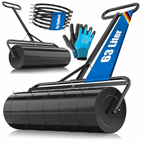 KESSER Rullo per prati in metallo riempito con acqua o sabbia con 63 litri di volume e 99 cm di larghezza, rullo da giardino con 5 punte e guanti, rullo a mano, rullo per prato, rullo per seminativi